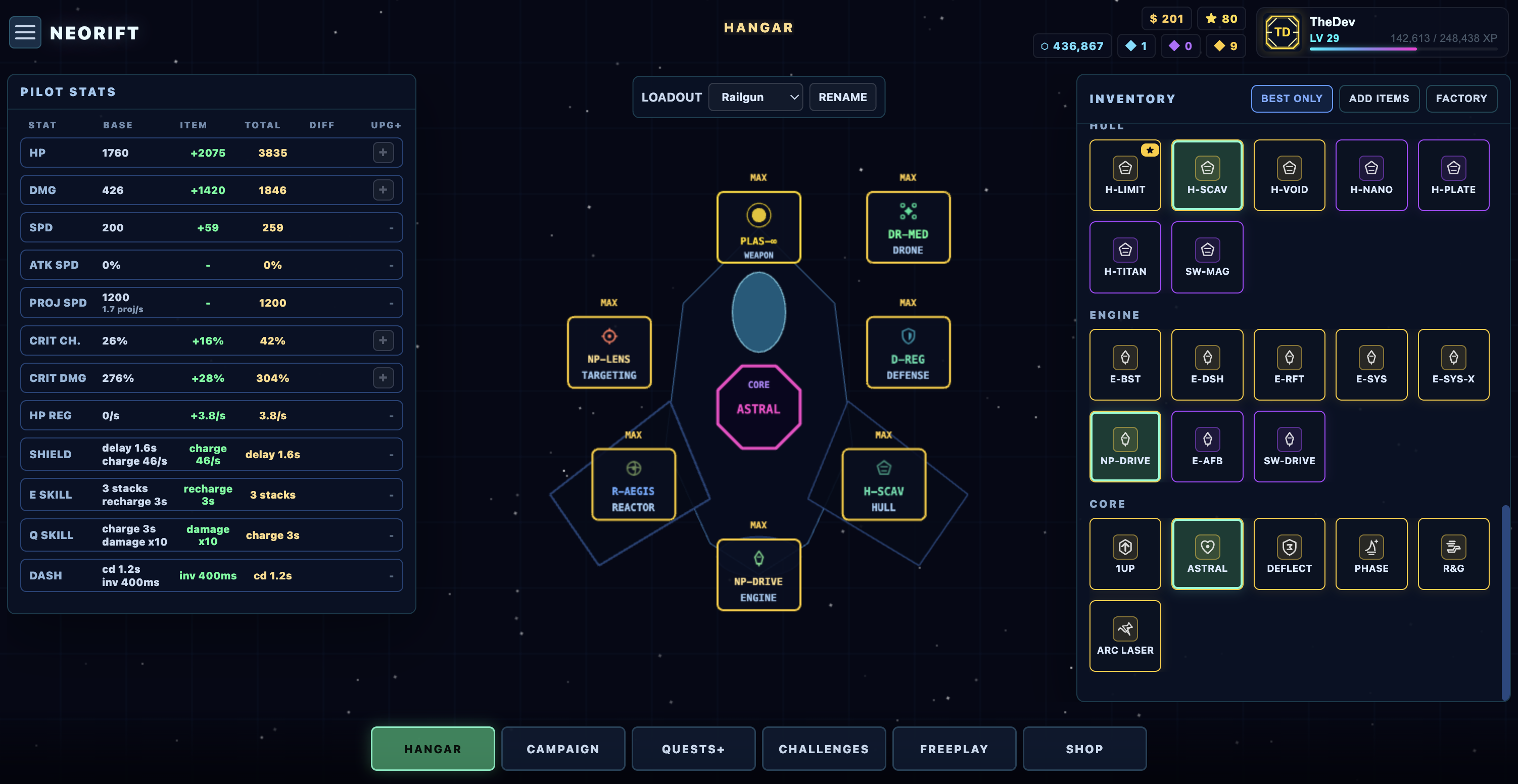 Neorift hangar with pilot stats, ship loadout slots, and inventory grid